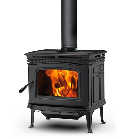 ALDERLEA T4 černá, litinové dvojplášťové tělo krbových kamen s levými dveřmi na nožičkách a popelníkovým systémem