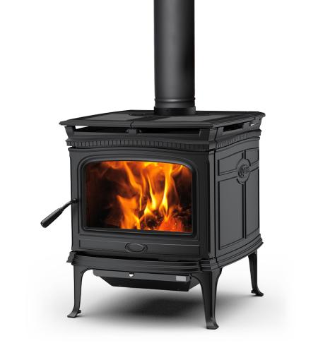 ALDERLEA T5 černá, litinové dvojplášťové tělo krbových kamen s levými dveřmi na nožičkách a popelníkovým systémem