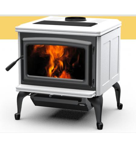 Kanadská kamna Pacific Energy SUMMIT CLASSIC bílý smalt, černé dveře, černá mřížka, černé nožičky a popelníkový systém