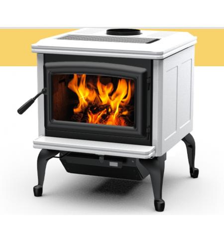 Kanadská kamna Pacific Energy SUPER CLASSIC bílý smalt, černé dveře, černá mřížka, černé nožičky a popelníkový systém