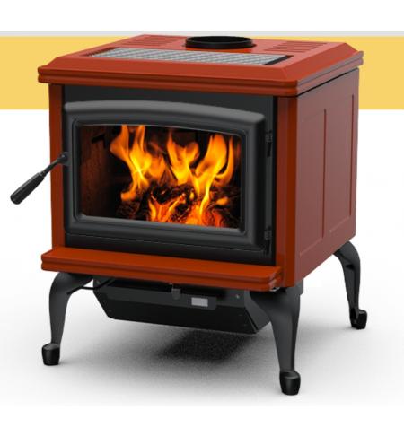 Kanadská kamna Pacific Energy SUPER CLASSIC cihlový smalt, černé dveře, černá mřížka, černé nožičky a popelníkový systém