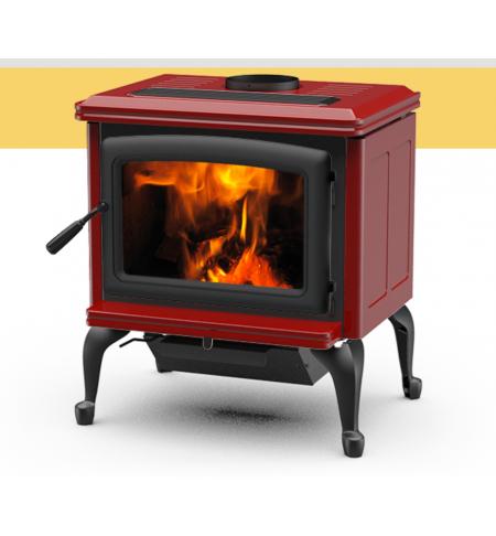 Kanadská kamna Pacific Energy VISTA CLASSIC červený smalt, černé dveře, černá mřížka, černé nožičky a popelníkový systém