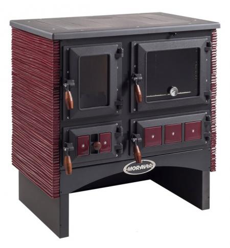 Sporák KVS Moravia 9180.40 Ofélie kachle bordó, dřevěné doplňky, ocelový rám plotny s varnými plotnami, vývod kouřovou uprostřed