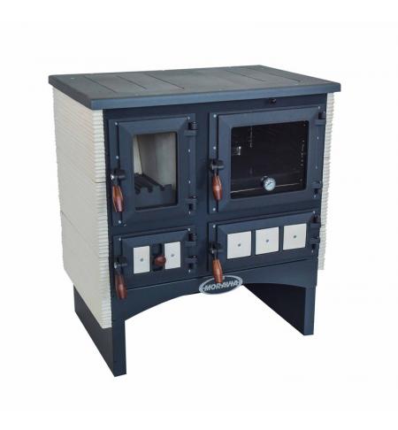 Sporák KVS Moravia 9180.514KK Ofélie kachle capuccino, dřevěné doplňky, ocelový rám plotny s varnými plotnami, vývod kouřovou uprostřed