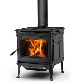 ALDERLEA T5 černá, litinové dvojplášťové tělo krbových kamen s levými dveřmi na nožičkách a popelníkovým systémem