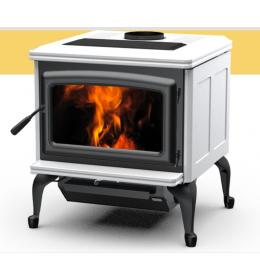 Kanadská kamna Pacific Energy SUMMIT CLASSIC bílý smalt, černé dveře, černá mřížka, černé nožičky a popelníkový systém