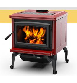 Kanadská kamna Pacific Energy SUPER CLASSIC červený smalt, černé dveře, černá mřížka, černé nožičky a popelníkový systém