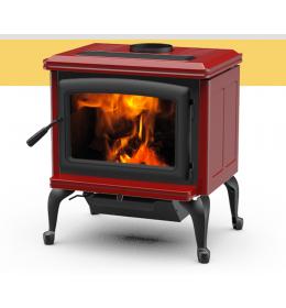 Kanadská kamna Pacific Energy VISTA CLASSIC červený smalt, černé dveře, černá mřížka, černé nožičky a popelníkový systém
