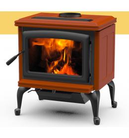 Kanadská kamna Pacific Energy VISTA CLASSIC cihlový smalt, černé dveře, černá mřížka, černé nožičky a popelníkový systém