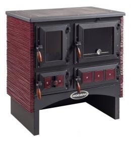 Sporák KVS Moravia 9180.40 Ofélie kachle bordó, dřevěné doplňky, ocelový rám plotny s varnými plotnami, vývod kouřovou uprostřed