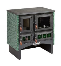 Sporák KVS Moravia 9180.416KK Ofélie kachle lahvově zelená, dřevěné doplňky, ocelový rám plotny s varnými plotnami, vývod kouřovou uprostřed